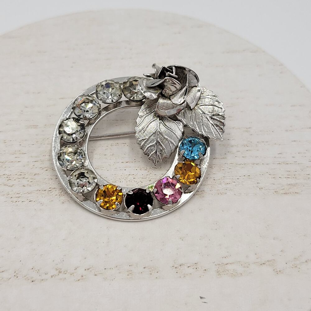 Sterling Silver Multi Color Rhinestone Wreath Brooch Pin Set Mother’s Day Gift‎